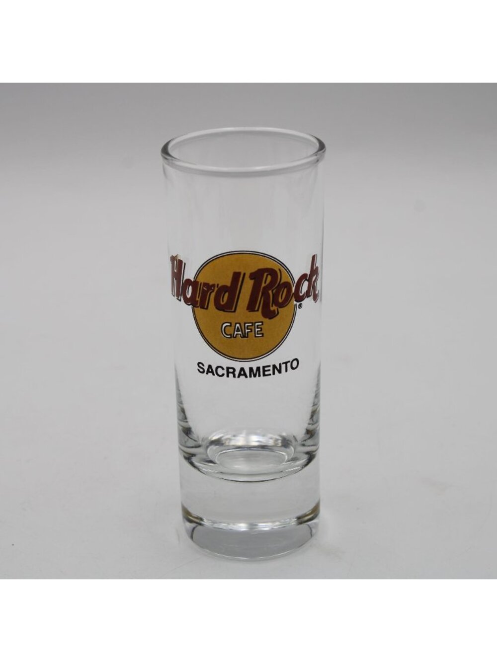 Hard Rock Cafe Sacramento California Shot Glass 4 Inch Tall Black Letters Circle